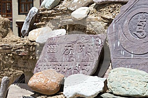 Mani stone at Lamayuru Monastery Lamayuru Gompa in Ladakh, Jammu and Kashmir, India. The Monastery