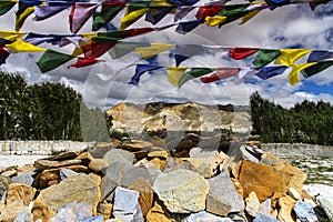 The Mani stone and prayer flags of upper Mustang  , Lo Manthang , Upper Mustang trekking , Nepal