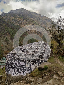 Mani Stones of Buddhism with mantra in Nepal