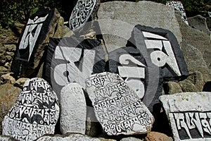 Mani Stones with Buddhist mantra in Himalaya, Nepal