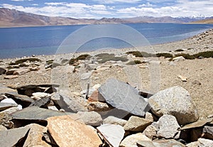 Mani stones at the Tso Moriri Lake in Ladakh, India