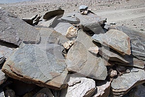 Mani stones at the Tso Moriri Lake in Ladakh, India