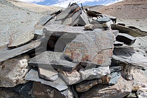 Mani stones at the Tso Moriri Lake in Ladakh, India