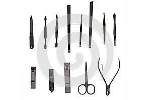 Manicure accessories black color set isolated on white background.Manicure and pedicure equipment.Spa and beauty