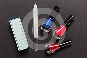 Manicure accessories on dark background