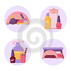 Manicure accessories tools in simple style. Remover, nail polish, cotton pads and nail files