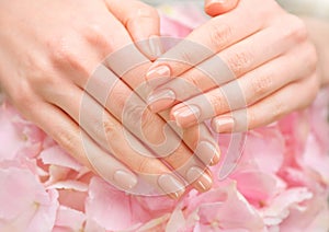 Manicure, beauty nails. Beautiful Woman`s hands, Spa and Manicure concept. Female hands. Soft skin, skincare concept. Salon