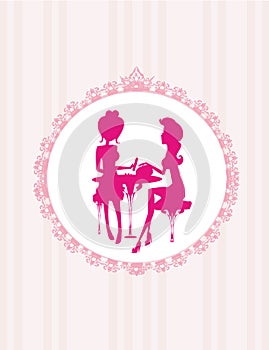 Manicure in beauty salon, pink decorative card photo