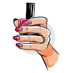 Manicure. A bottle of varnish in women's hands. Hand with painted nails. Cartoon style.