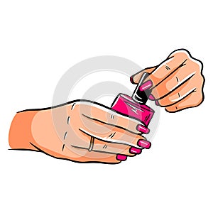 Manicure. A bottle of varnish in women's hands. Hands with painted nails. Cartoon style.