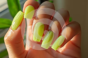 Manicure closeup. Woman yellow nails close-up. Nail care in beauty salon. Spa healthy treatments for female hands. Fashion bright