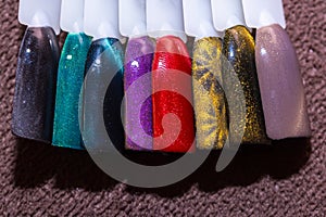 Manicure color picker set. Samples of nail varnishes close up