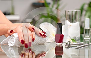 Manicure concept. Beautiful woman& x27;s hands with perfect manicure at beauty salon.