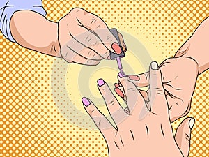 Manicure is a cosmetic beauty treatment for the fingernails and hands, performed at home or in a nail salon. Pop art