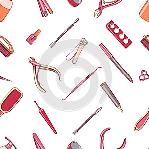 Manicure equipment seamless pattern. Hand drawn colorful background.