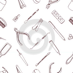 Manicure equipment seamless pattern. Hand drawn contour background.