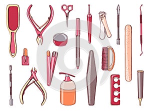 Manicure equipment set. Collection different tool nailfile, clippers, scissors. Hand drawn colorful illustration. photo