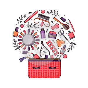 Manicure equipment with a small bag is a bright set. Nail polish, nail file, tweezers, hand cream, scissors, oil, wire cutters.