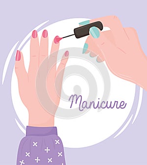 manicure, female hand painting nails or applying nail polish