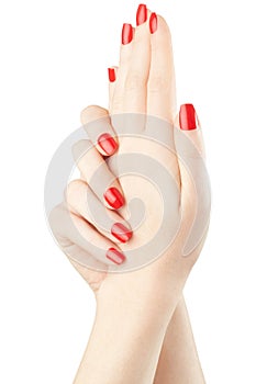 Manicure on female hands with red nail polish