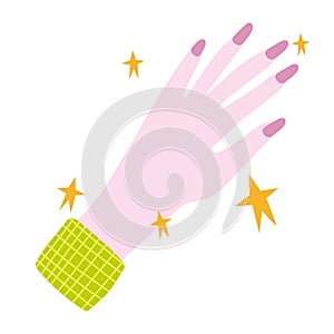 manicure, female showing hand nails of pink color in cartoon style