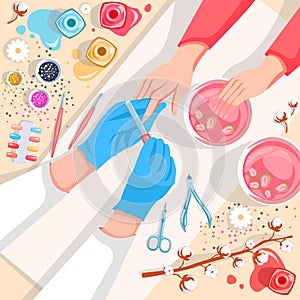 Manicure, hands and nails care top view illustration. Beauty salon and spa procedure concept