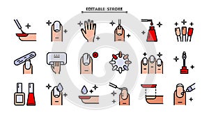 Manicure, icon set. Tools for cosmetic beauty treatment for the fingernails and hands, linear icons