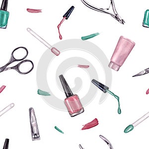 Manicure instruments with splashes. Nail pink, green polish, trimmer, cuticle scissors, clippers for nail treatment