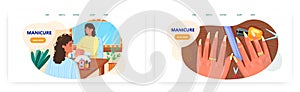 Manicure landing page design, website banner vector template set. Woman beauty salon. Manicurist service. Nail treatment