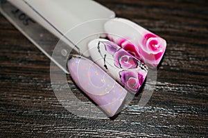 Manicure nail color design samples pink rose flowers. Nail art h