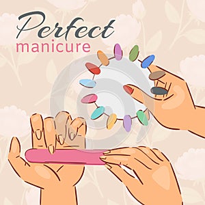 Manicure nail polish poster with choice of colorful false acrylic nails in modern polish shades vector illustration.