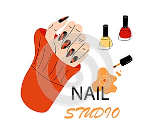 Manicure. Nail studio, female hand with creative modern design fingernails gel polish. Beauty salon service. Colorful