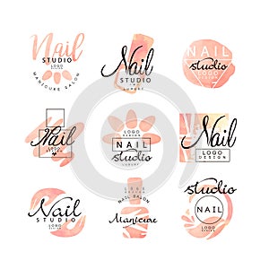 Manicure nail studio logo design set, creative templates for nail bar, beauty saloon, manicurist technician vector