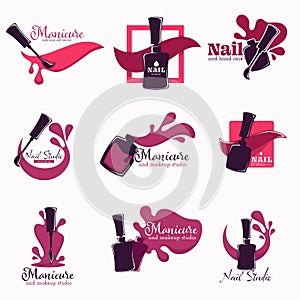 Manicure and nail studio polish or varnish in bottle isolated icons