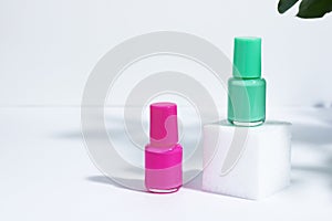 Manicure or pedicure background. Creative mockup of isolated cosmetics bottles with pink and green nail polish with plant, on