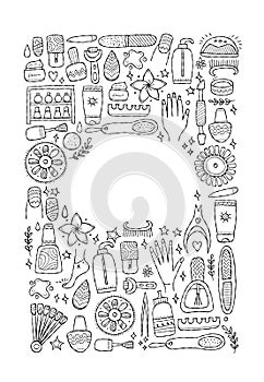 Manicure and pedicure collection. Icons set. Vertical background for your design. Colouring page