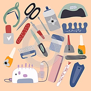 Manicure  pedicure equipment vector concept with nail scissors, polish, nail drill machine.