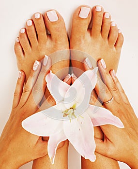 Manicure pedicure with flower lily close up isolated on white perfect shape hands spa salon