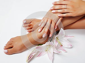 manicure pedicure with flower lily closeup isolated on white perfect shape hands spa salon