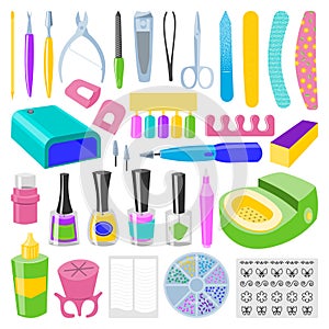 Manicure and pedicure foot hand health beauty fashion care fingers instruments vector personal cosmetics equipment