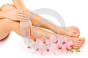 Manicure and pedicure with a pink orchid flower
