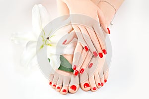 Manicure and pedicure in spa salon. Skincare. Healthy female hands and legs with beautiful nails photo