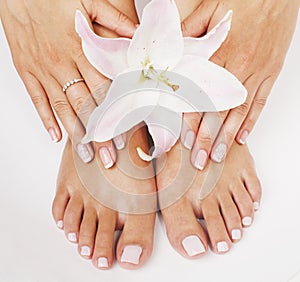 Manicure pedicure woman legs with flower lily