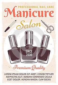 Manicure salon vintage poster with nail polish