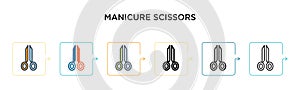 Manicure scissors vector icon in 6 different modern styles. Black, two colored manicure scissors icons designed in filled, outline