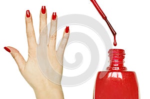 Manicure set - Beautiful red manicured woman hand and nail polish