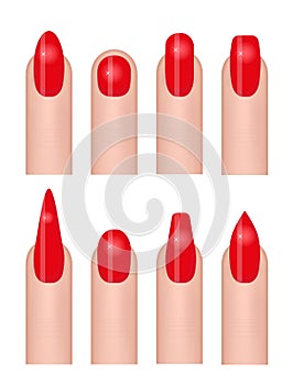 Manicure set of icons with different forms of nails, fashion nail shapes. Female hand care. Isolated on white background