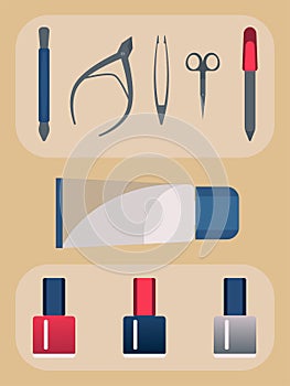 Manicure set and nail polish. Illustration. Hand care