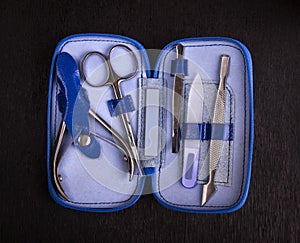 Manicure set with stainless steel in leather case
