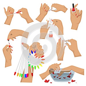 Manicure set, vector illustration. Hands and nails spa beauty treatment. Manicure tools. Nail art studio, salon services